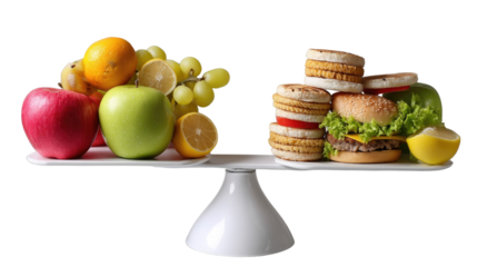 Healthy Choices: A vivid visual representation contrasting the appeal of balanced, wholesome foods versus the allure of indulgent treats.