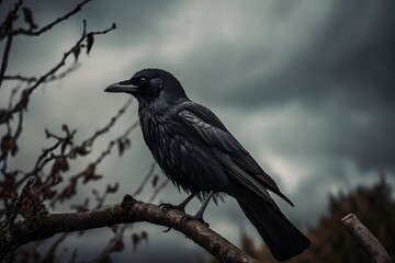 A black raven perched on a branch against a cloudy sky in a dark and moody outdoor setting view
