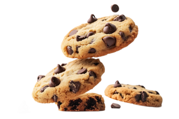 Chocolate chip cookies stacked on top of each other with a black background in a studio shot