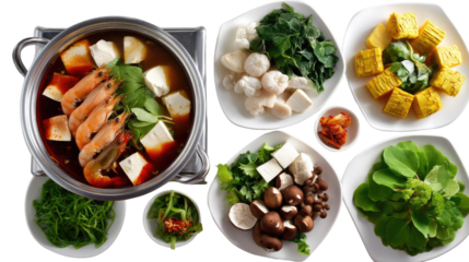 Delicious Hot Pot Feast: A vibrant and appetizing overhead shot of a steaming hot pot brimming with shrimp, tofu, and vegetables, surrounded by an array of fresh ingredients ready to be cooked.