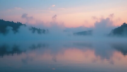 Fototapeta premium A serene lake scene at dusk enveloped in a soft, ethereal mist with trees and distant hills.