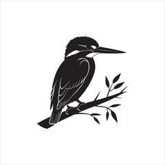 Kingfisher Bird Silhouette Clipart, Black Kingfisher Outline on White Background