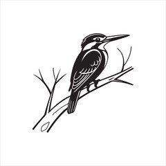 Kingfisher Bird Silhouette Clipart, Black Kingfisher Outline on White Background