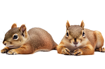 Two images side by side of a squirrel laying on the ground, in transparent background PNG