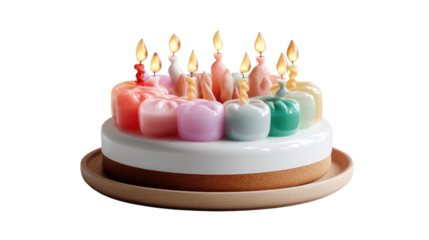 Colorful Cake with Candles: A vibrantly lit cake with colorful candles in a studio setting, embodying the essence of celebration and joy.