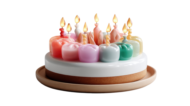 Colorful Cake with Candles: A vibrantly lit cake with colorful candles in a studio setting, embodying the essence of celebration and joy.
