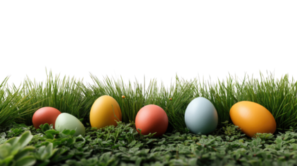 Easter Egg Hunt: A vibrant scene captures the essence of Easter with a close-up view of colorful eggs artfully arranged in lush green grass.