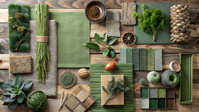 Earthy green mood board with wood stone and fabric textures for interior inspiration