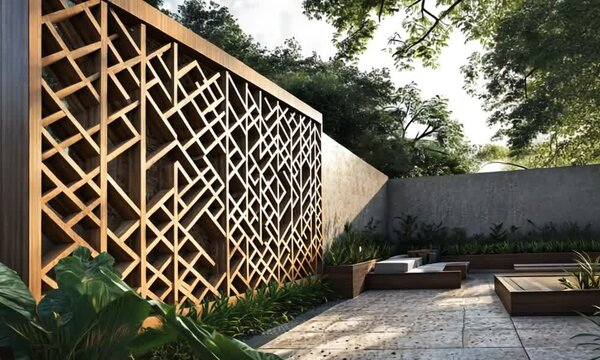 Outdoor room divider with a geometric design.  A decorative screen made of wood slats creates a patterned wall separating a patio area from a garden