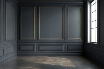 Elegant dark grey bedroom interior featuring a blank wall, perfect for showcasing decorative pieces, 3D render"