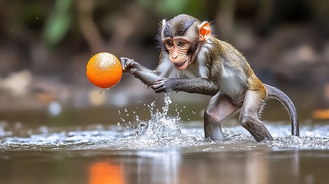 Baby monkey plays in water with ball