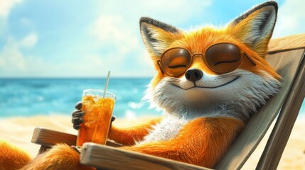 Relaxing fox enjoying a drink on a beach chair (1)