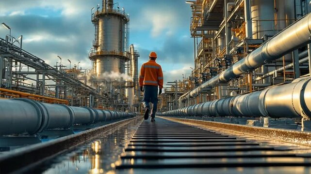 Industrial Worker on Catwalk: A lone worker strides confidently through the industrial heart of a vast refinery, his figure dwarfed by the towering machinery and intricate pipelines.