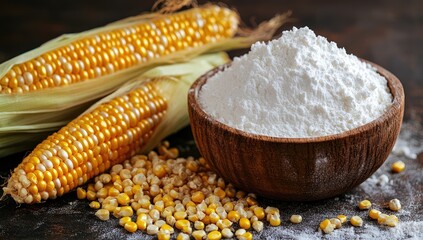 The white powder in the wooden bowl is made of cornstarch, an inflatable material, with raw,