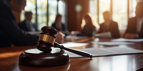 The wooden gavel of the judge is placed on top, and blurred people in suits sit at an office table with documents.