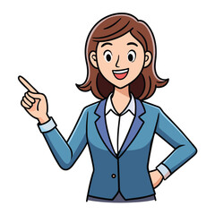Business woman pointing finger at something. Happy face. Hand drawn style vector design illustrations. 