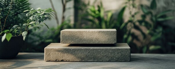 Three rectangular blocks of limestone stacked on top of each other, in front of plants and baskets,