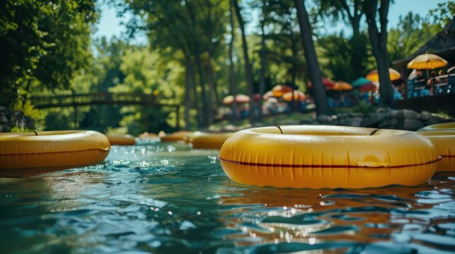 Relaxing lazy river ride with inner tubes and calm water stock photo --ar 16:9 --raw --v 6 Job ID: 0f4513e5-4e7b-4d7f-a66d-9279591e869a