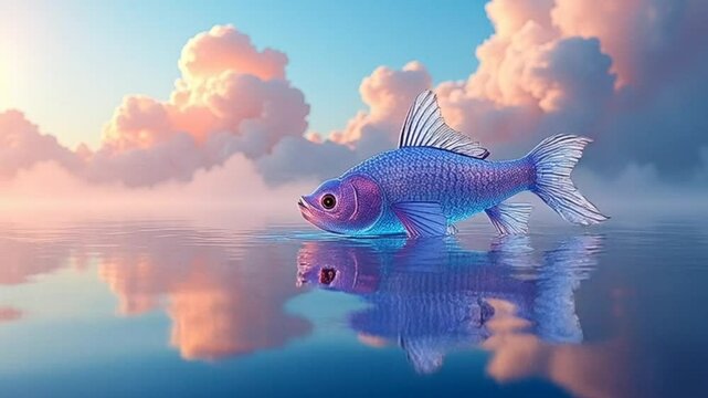 Fantasy fish floating above calm water with clouds and reflections in sky seamless looping 4k time-lapse animation video background