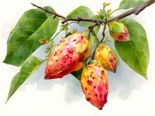 A vibrant watercolor painting depicts a cluster of exotic fruits hanging from a branch with lush green leaves against a soft white background.