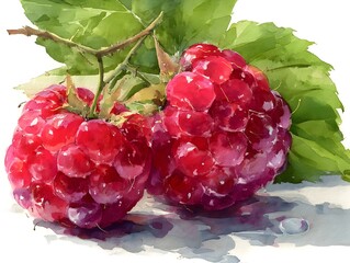 A vibrant watercolor painting showcases two ripe raspberries on a branch with lush green leaves against a white background.