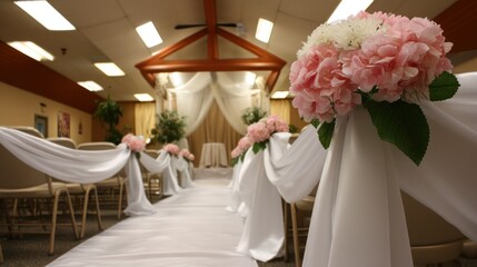 Wedding ceremony aisle adorned with draped white fabric and pink hydrangea bouquets.  Rows of chairs line the aisle.  A decorated archway is visible at the back