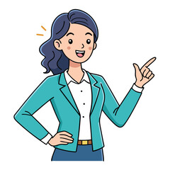 Business woman pointing finger at something. Happy face. Hand drawn style vector design illustrations. 