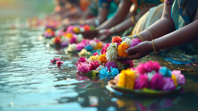 Bathukamma Early Ritual, cheerful hands of women placing brightly blooming Bathukamma in clear river water, Ai generated images