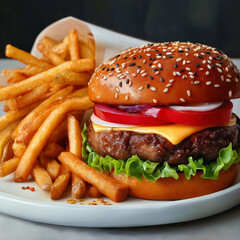 Juicy Hamburger and Crispy Fries &ndash; Classic Fast Food Meal Photo