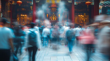 Temple crowd motion blur, Asian city, incense, spirituality