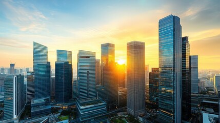 Fototapeta premium Modern urban skyline at sunrise with reflective glass towers and warm golden hues