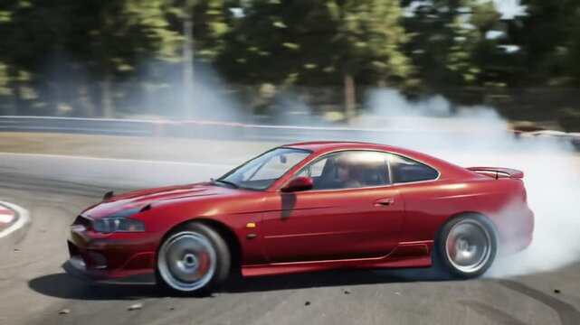 Red Car Drifting on a Race Track with a Burning Vehicle