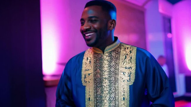 Middle-aged nigerian man in agbada walks confidently, facing the camera, through a club with purple and pink lighting, dolly zoom in video