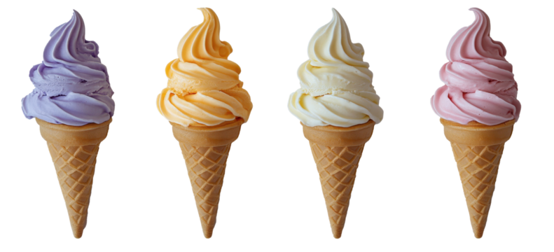 Colorful soft serve ice cream cones displayed in a row at a dessert shop during a sunny day