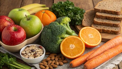 Healthy food assortment with fresh fruits, vegetables, nuts, and whole grain bread on a wooden table. Perfect for nutrition, wellness, and clean eating concepts.