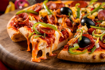 pizza with melted cheese, pepperoni, black olives, green peppers, and fresh vegetables on a crispy crust, served on a wood cutting board