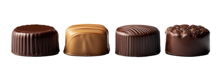 Assorted chocolate confections displayed in a row showcasing different shapes and textures