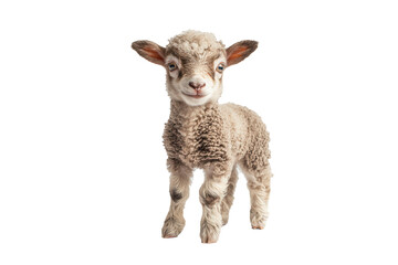 Young lamb stands on a light background showcasing its fluffy coat and playful demeanor, indoors, in a calm setting