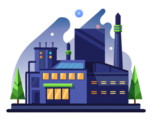 Obraz premium Vector of a modern factory with lights on during nighttime, isolated on white background. 