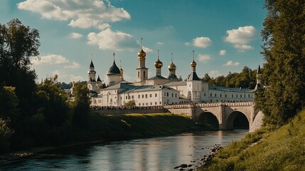 Obraz premium Monastery complex by a river