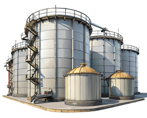 Vector of large cylindrical oil storage tanks in an industrial zone, isolated on white background.
