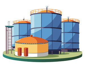 Vector of large cylindrical oil storage tanks in an industrial zone, isolated on white background.
