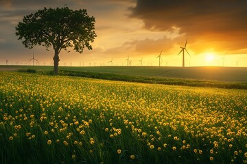 Wind Turbines Spinning in a Golden Sunset Over Rolling Hills