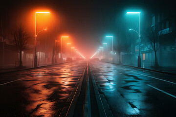 A foggy night street scene with rain soaked, reflective pavement glowing under neon lights