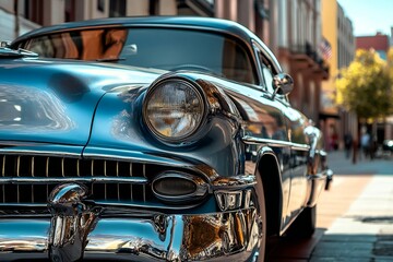 A vintage car from the 1950s, classic design, shiny chrome, parked on a sunny street, retro vibe,  created by ai