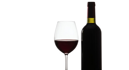 A glass of red wine and a bottle are positioned next to each other in a simple arrangement on transparent background