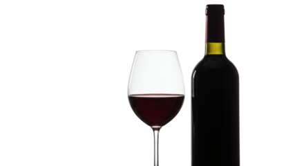 A glass of red wine and a bottle are positioned next to each other in a simple arrangement on transparent background