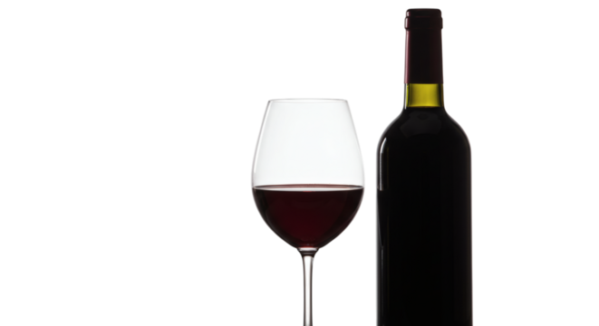 A glass of red wine and a bottle are positioned next to each other in a simple arrangement on transparent background