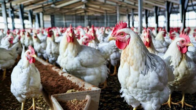 Close-up, eye-level view of chickens in a barn, showcasing a bustling farm environment. The video captures the dynamic and lively atmosphere.