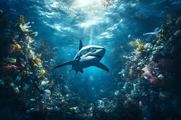 Shark Swimming Through Underwater Scene Surrounded by Ocean Pollution